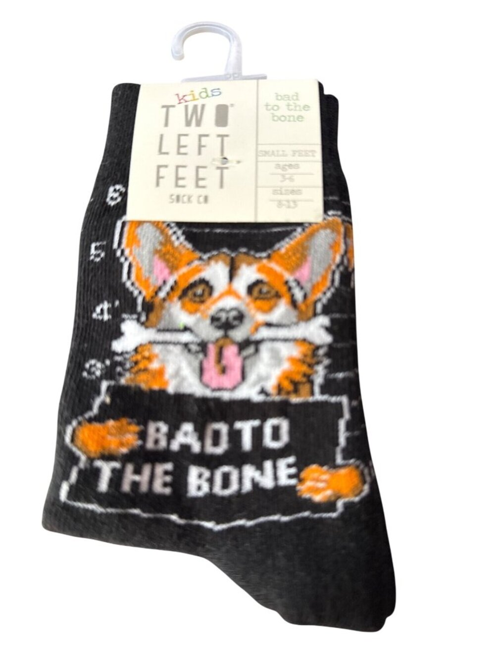 Kids Two Left Feet Bad To The Bone Socks Ages 3-6 Sizes 8-13 Black With Corgi De